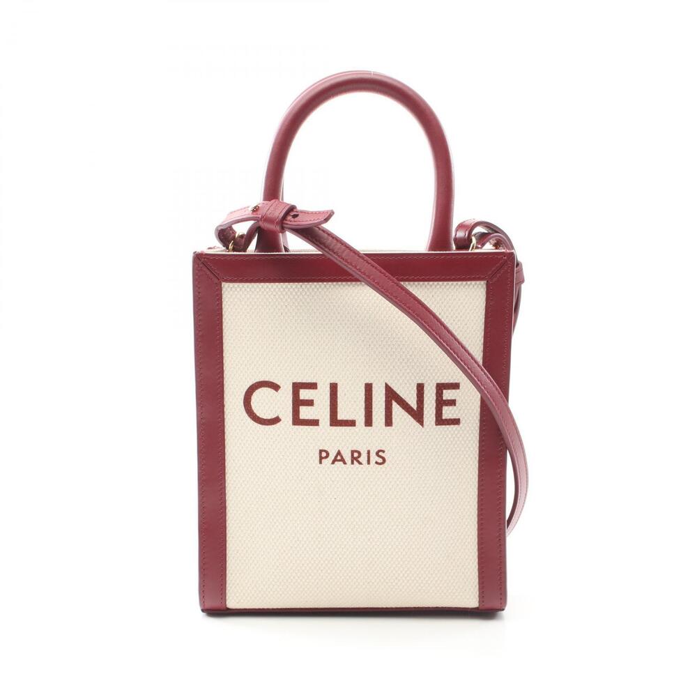 Celine Vertical Cabas Handbag Canvas Leather Ivory White Burgundy Red